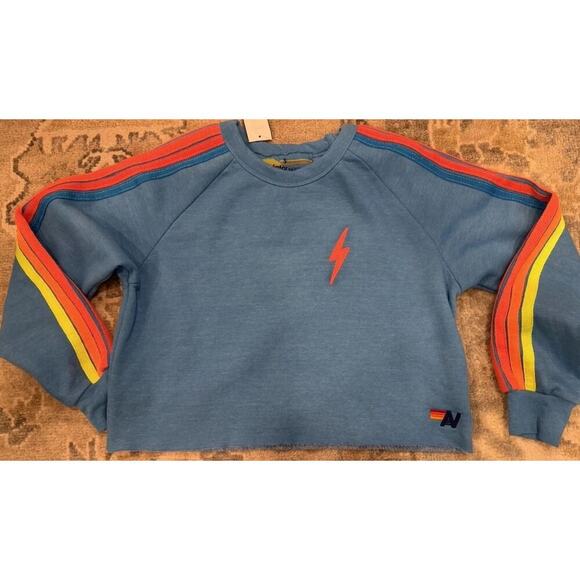 Aviator Nation Tops - Aviator Nation Blue Crewneck Rainbow Stripe Cropped Sweatshirt Sz S NWT $220
